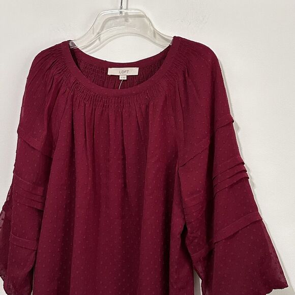Loft Blouse Clip Dot Balloon 3/4 Sleeve S Maroon Trendy Popover Casual NEW - Picture 3 of 11